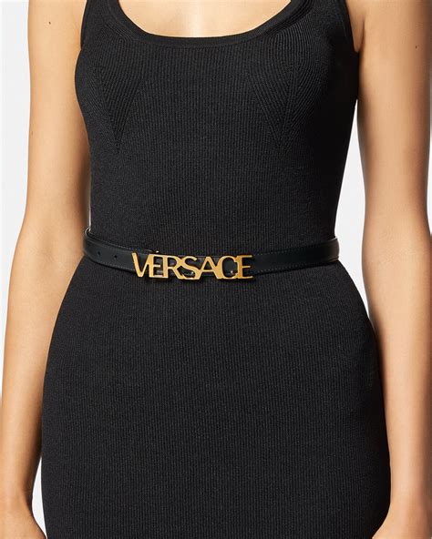 versace logo letter belt|Logo Thin Leather Belt Black,Gold .